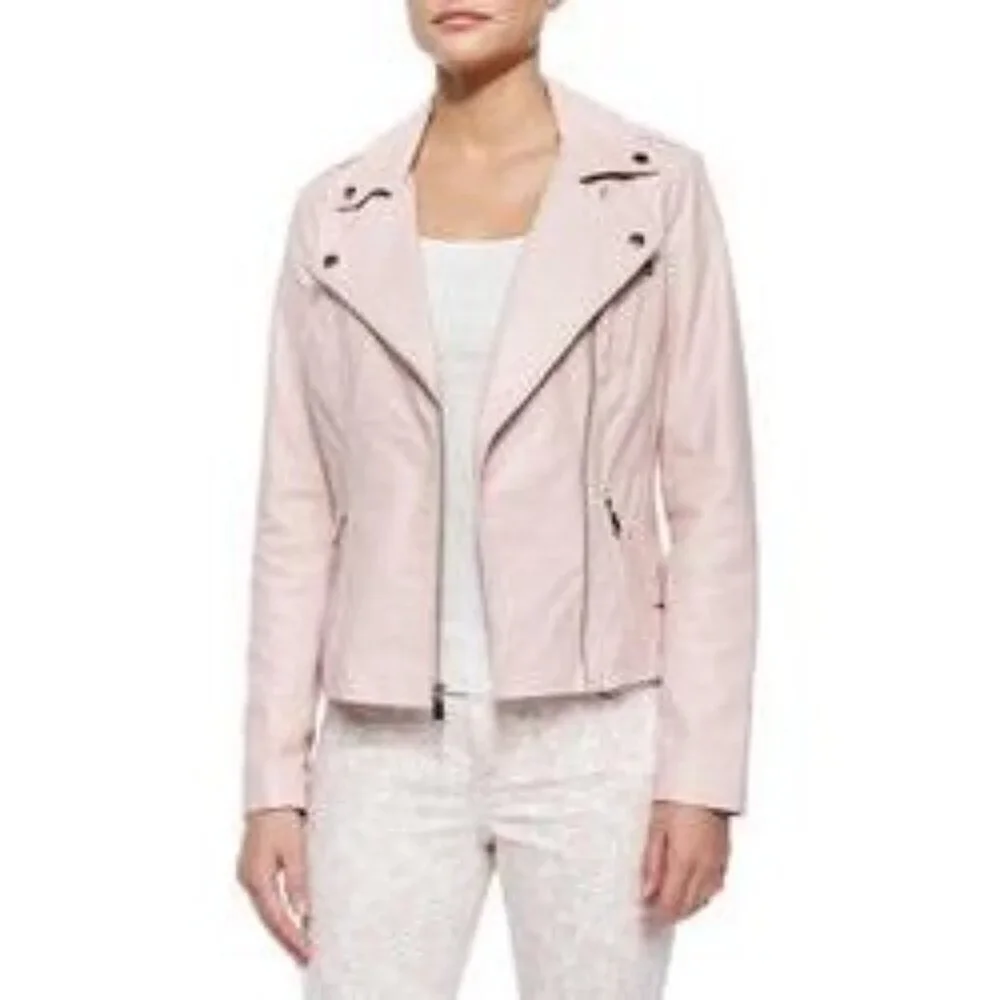 Neiman Marcus Genuine Pink Leather Zipper Pockets Moto Jacket Women's Size S